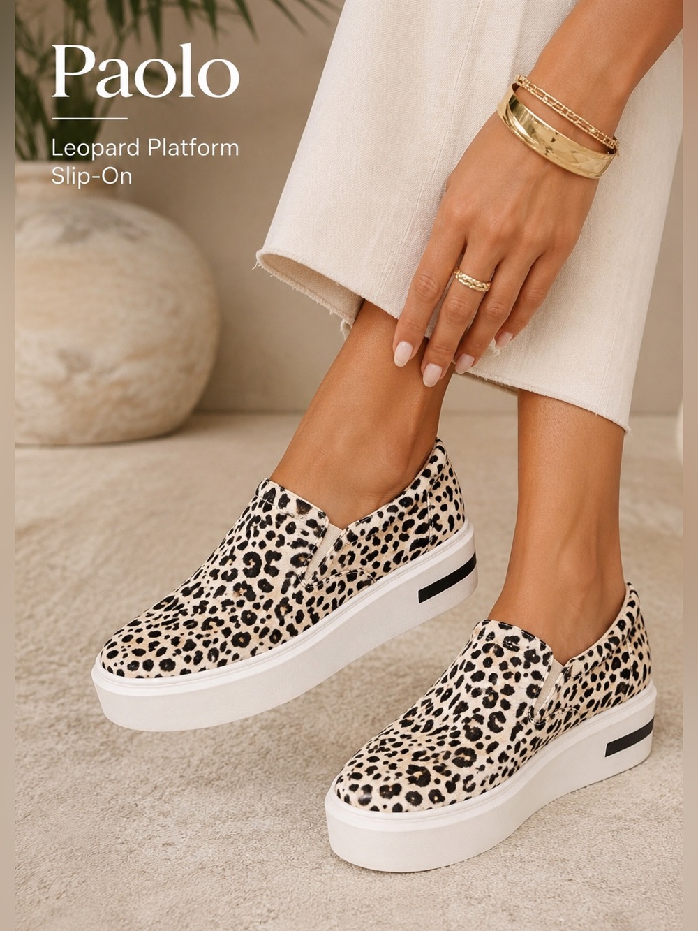 Paolo Leopard Calf Hair Platform Slip-On Sneakers Size 8 Boutique Chic